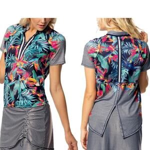 Lucky In Love Womens Samba Tie Back Golf Polo Shirt Size XS Tropical Pickleball